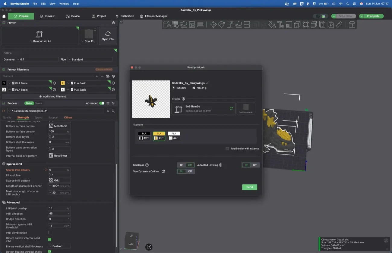 Bambu Studio slicer showing the Godzilla print taking 12 hours 58 minutes — 778 minutes